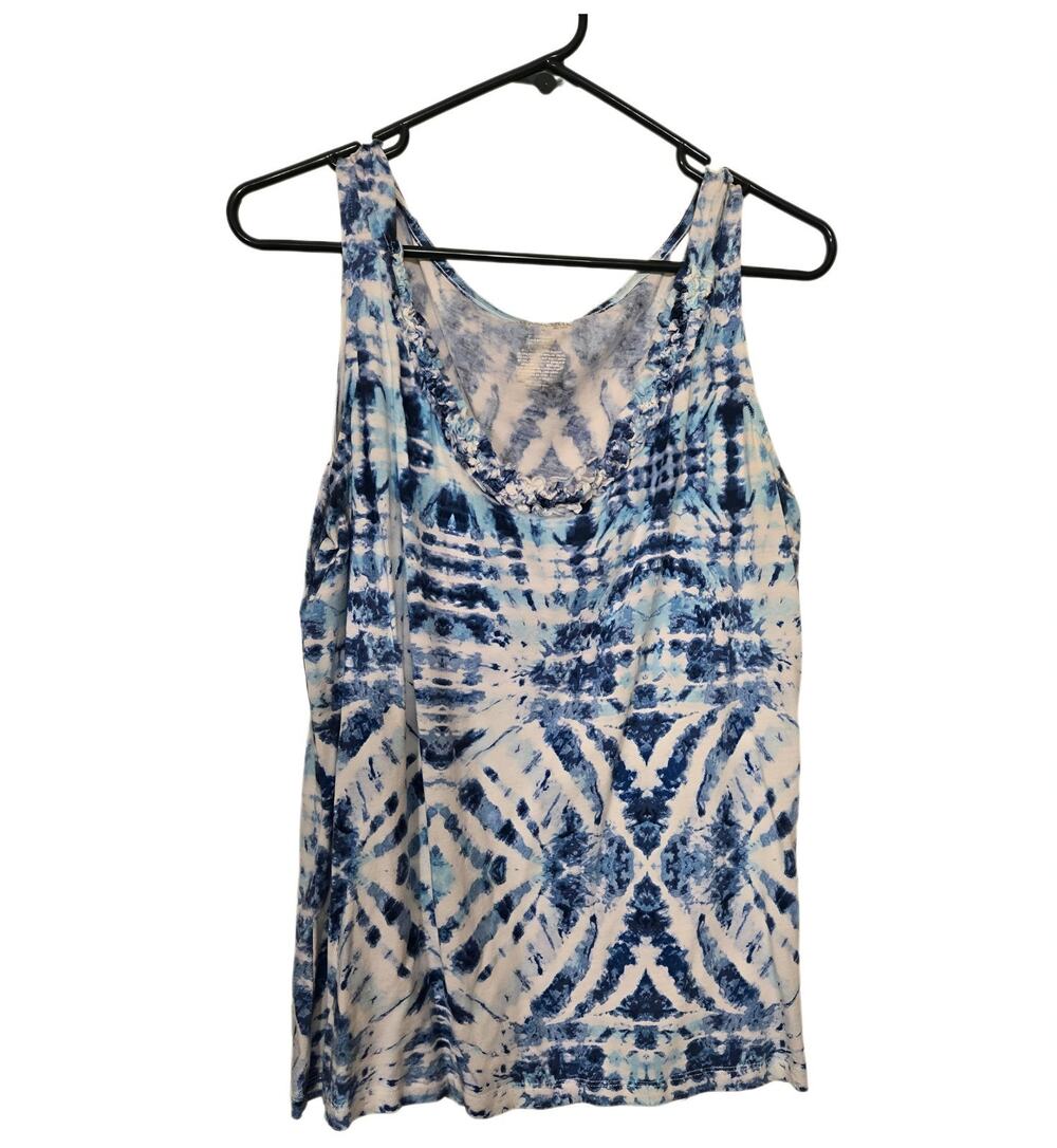 St. John's Bay Blue Tie Dye Ruffle Neck Tank Top Size XL Cotton Modal